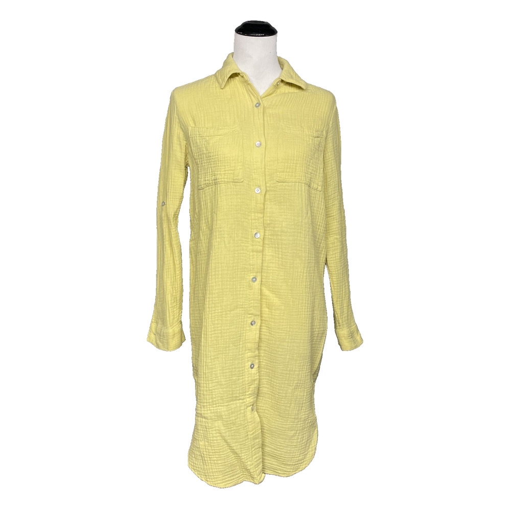 Magaschoni Women S Organic Cotton Gauze Shirt Dress Yellow Button Front Roll Tab